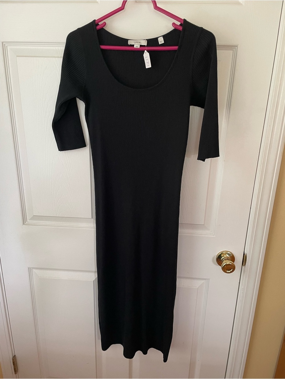 Vince Black Ribbed Knit Midi Dress Medium 3/4 Sleeve Stretch Cotton Soft